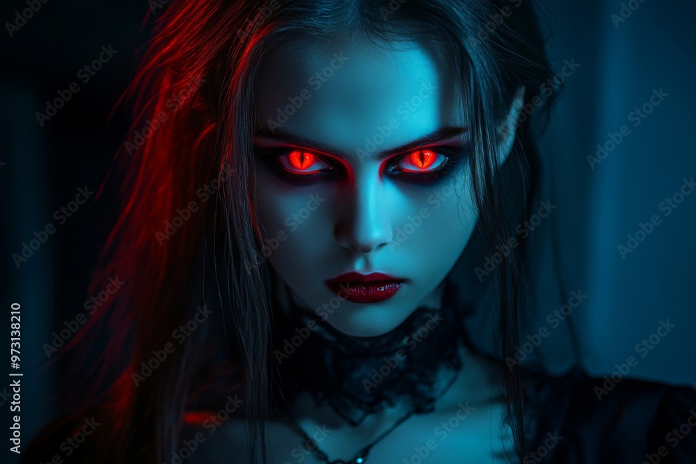 Portrait of a woman with red eyes and dark makeup in blue and red lighting. Portrait of a woman with red eyes and dark makeup in blue and red lighting.