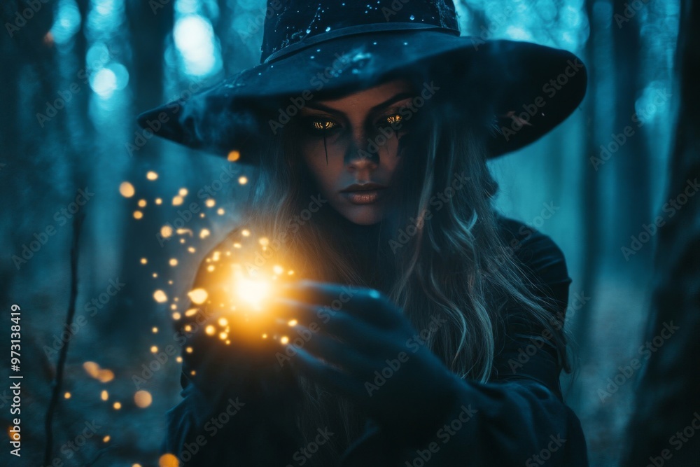 A Mysterious Woman in a Witch's Hat Holding a Glowing Orb in a Forest A Mysterious Woman in a Witch's Hat Holding a Glowing Orb in a Forest