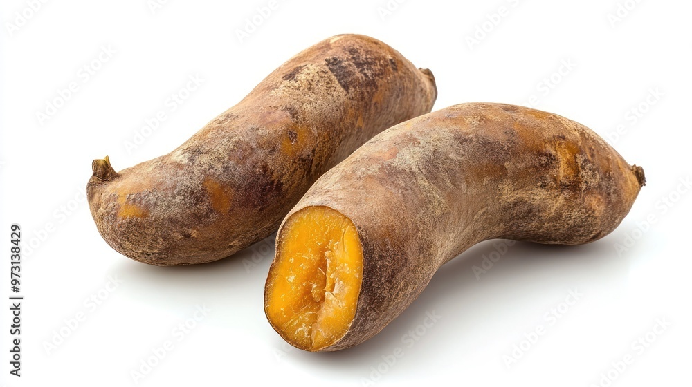 Two sweet potatoes, one cut in half, showcasing their orange flesh and brown skin. Two sweet potatoes, one cut in half, showcasing their orange flesh and brown skin.