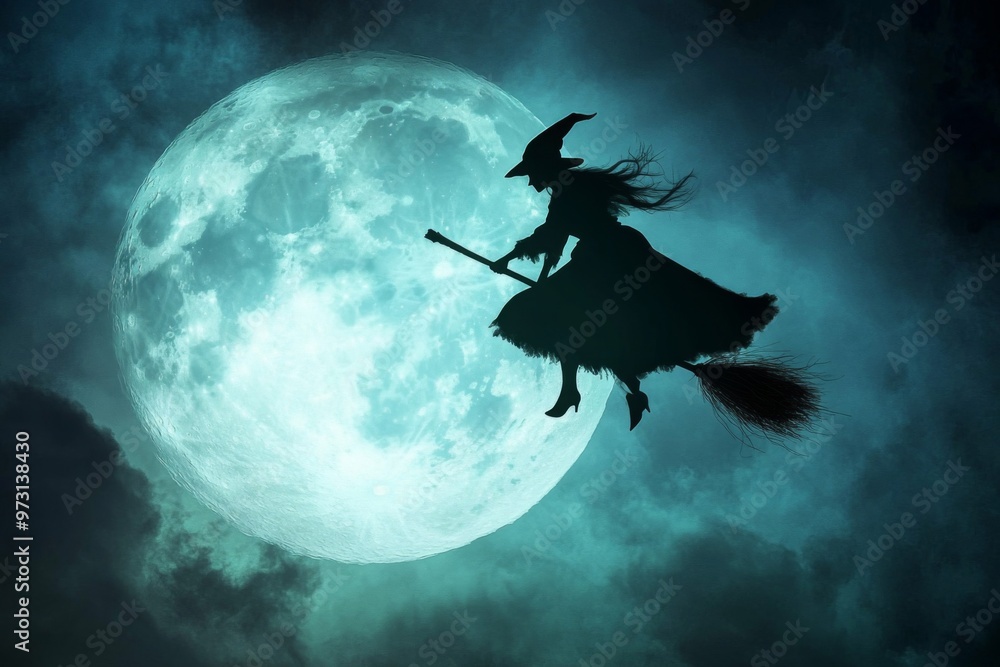 A Silhouette of a Witch Flying on a Broom Underneath a Full Moon A Silhouette of a Witch Flying on a Broom Underneath a Full Moon