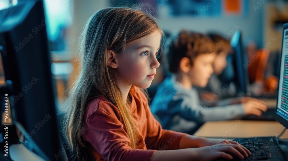 A young girl focused on a computer in a classroom setting with peers in the background. A young girl focused on a computer in a classroom setting with peers in the background.