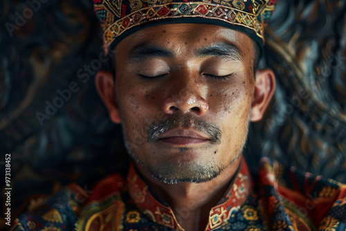 A man with a beard and a crown on his head is sleeping