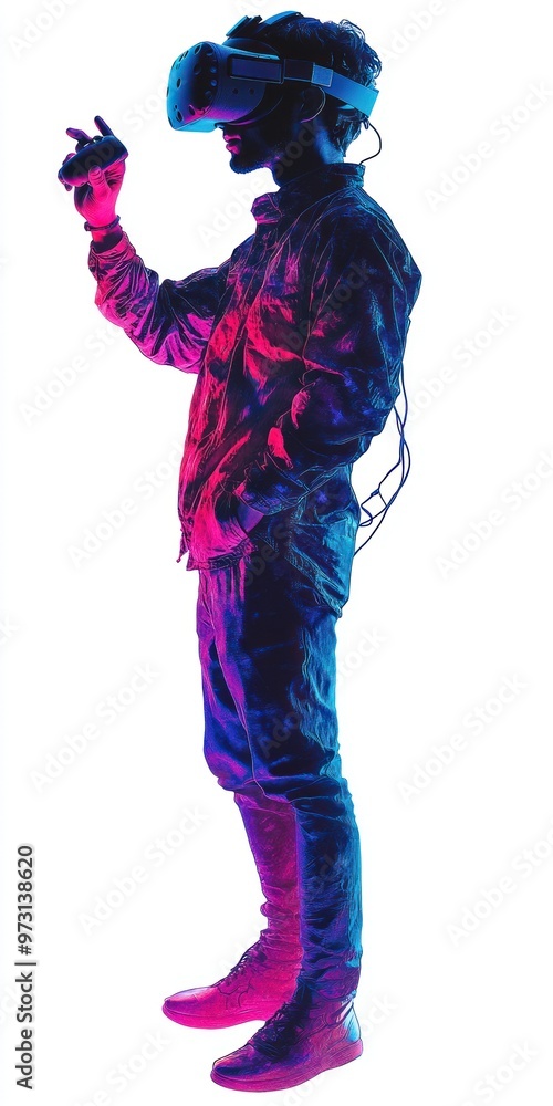 Person with VR headset and neon lighting effects. Person with VR headset and neon lighting effects.