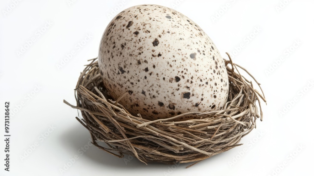 Obraz premium Speckled bird egg resting in a small nest made of twigs, isolated on a white background.