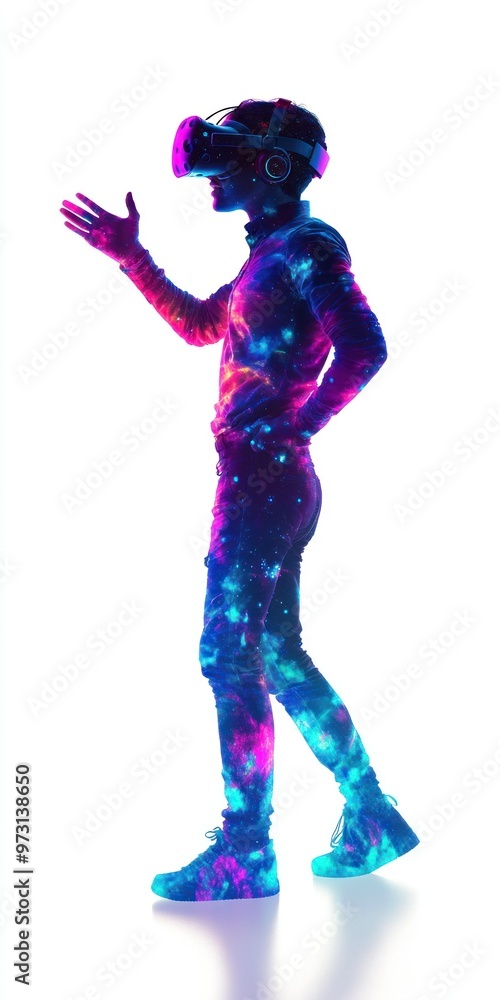 Person enjoying VR with colorful and cosmic patterns Person enjoying VR with colorful and cosmic patterns