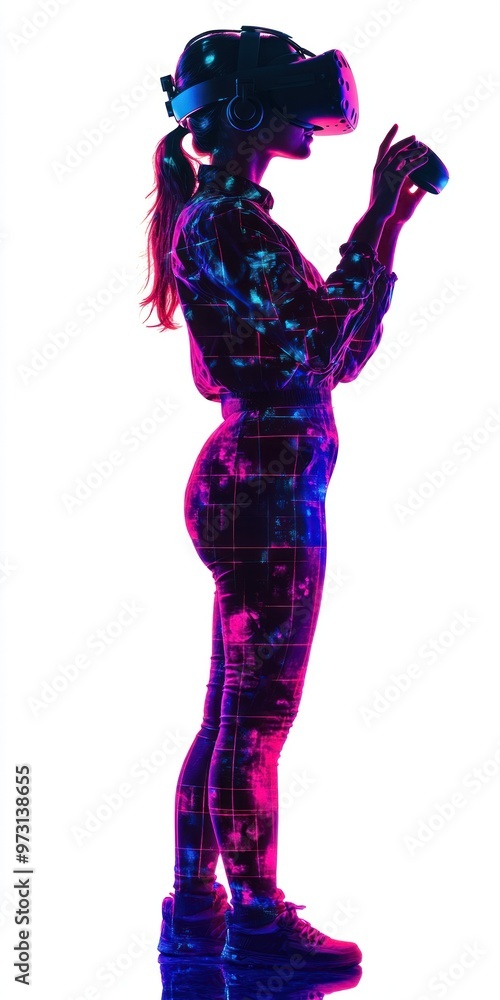 Woman with VR headset, controller, colorful lights Woman with VR headset, controller, colorful lights