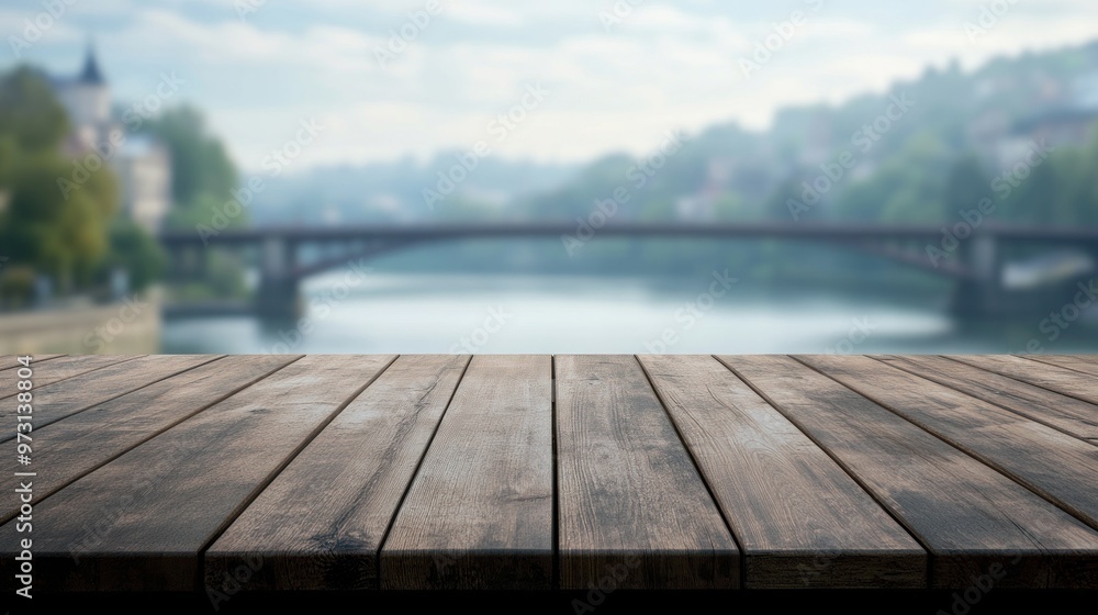 A wooden table foreground with a blurred river and bridge background.