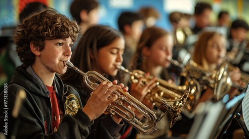 A group of young musicians playing brass instruments in a band setting.