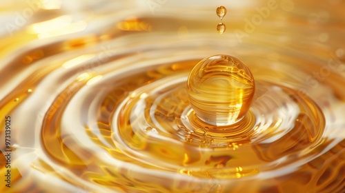 Liquid collagen serum forming ripples around a golden ball Close-up photo with clean background