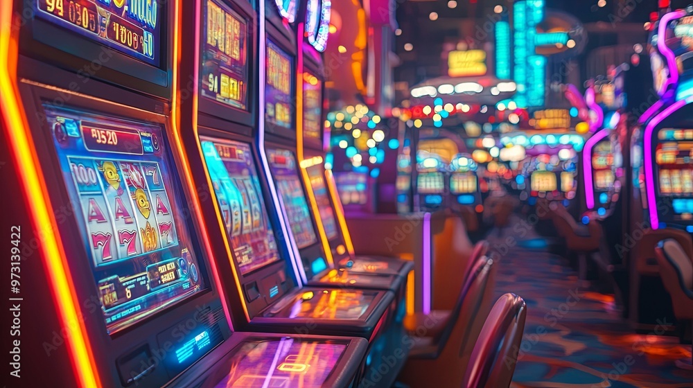 Close-up of Illuminated Slot Machines in a Casino Close-up of Illuminated Slot Machines in a Casino