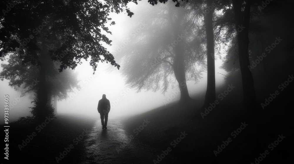 Enigmatic Silhouette on Foggy Path Surrounded by Towering Trees - Eerie Mysterious Atmosphere in Forest Setting Enigmatic Silhouette on Foggy Path Surrounded by Towering Trees - Eerie Mysterious Atmosphere in Forest Setting