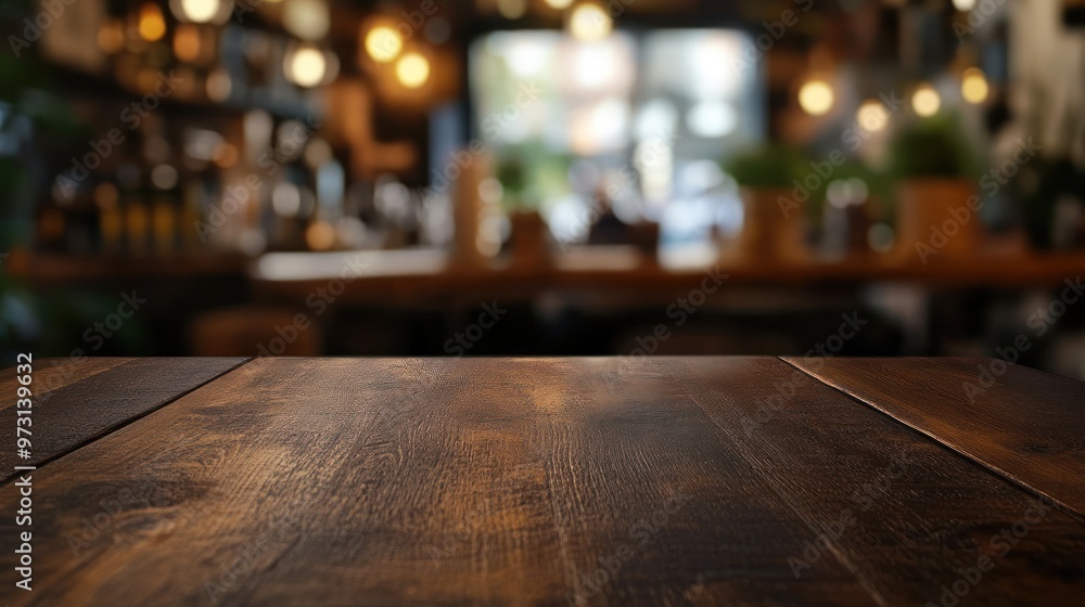 A rustic wooden table in a cozy café setting with blurred background lights. A rustic wooden table in a cozy café setting with blurred background lights.