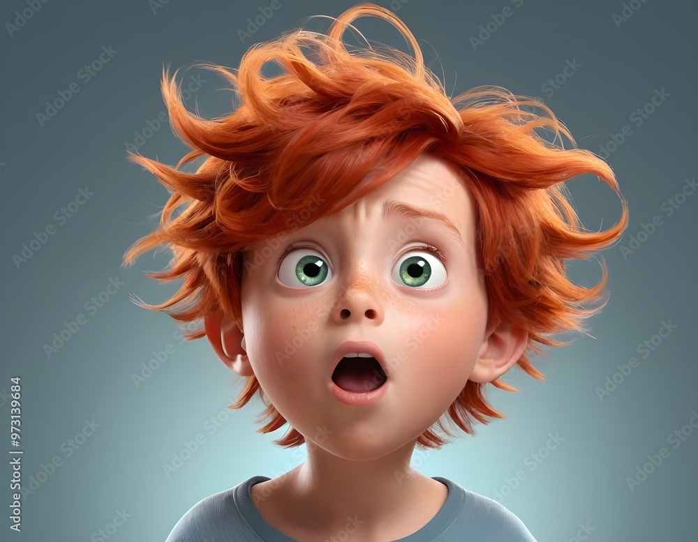 A surprised young boy with red hair and wide eyes expressing shock, fear. disbelief A surprised young boy with red hair and wide eyes expressing shock, fear. disbelief