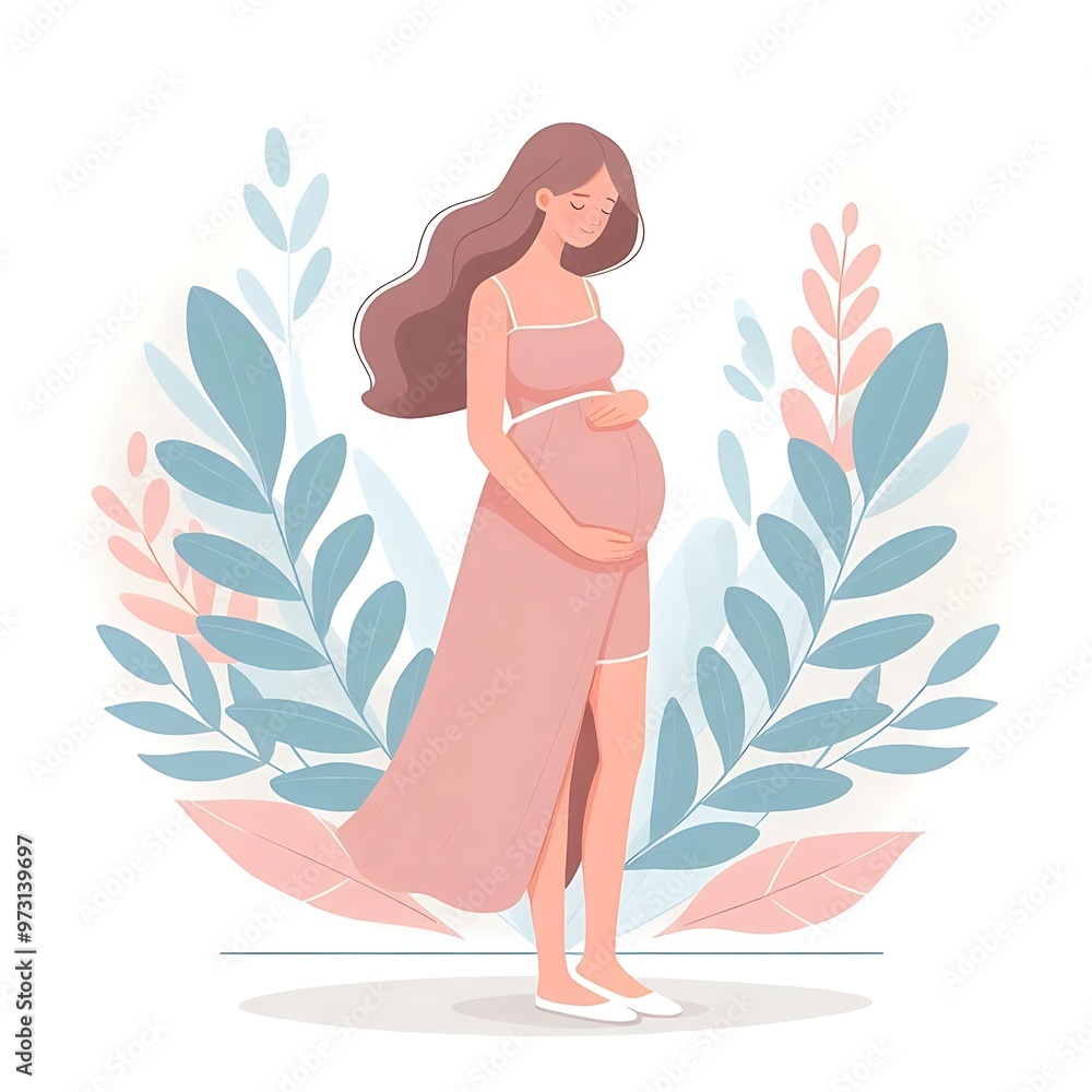 A flat-style illustration of a pregnant woman standing gracefully, surrounded by soft leaves. Ideal for maternity, wellness, and nature-themed designs. Simple, elegant, and calming composition. A flat-style illustration of a pregnant woman standing gracefully, surrounded by soft leaves. Ideal for maternity, wellness, and nature-themed designs. Simple, elegant, and calming composition.