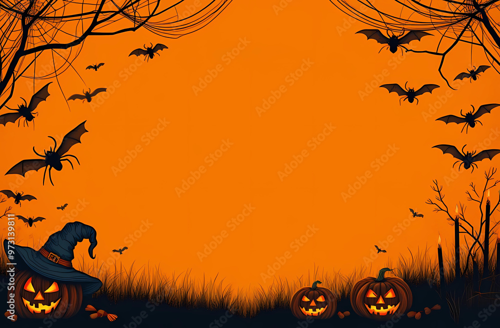 A lively and colorful Halloween scene showcasing pumpkins, bats, and candles arranged on a bright orange background A lively and colorful Halloween scene showcasing pumpkins, bats, and candles arranged on a bright orange background