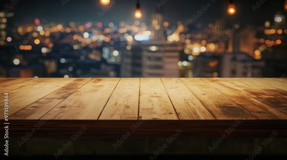 A wooden table in a dimly lit room with a city skyline blurred in the background. A wooden table in a dimly lit room with a city skyline blurred in the background.