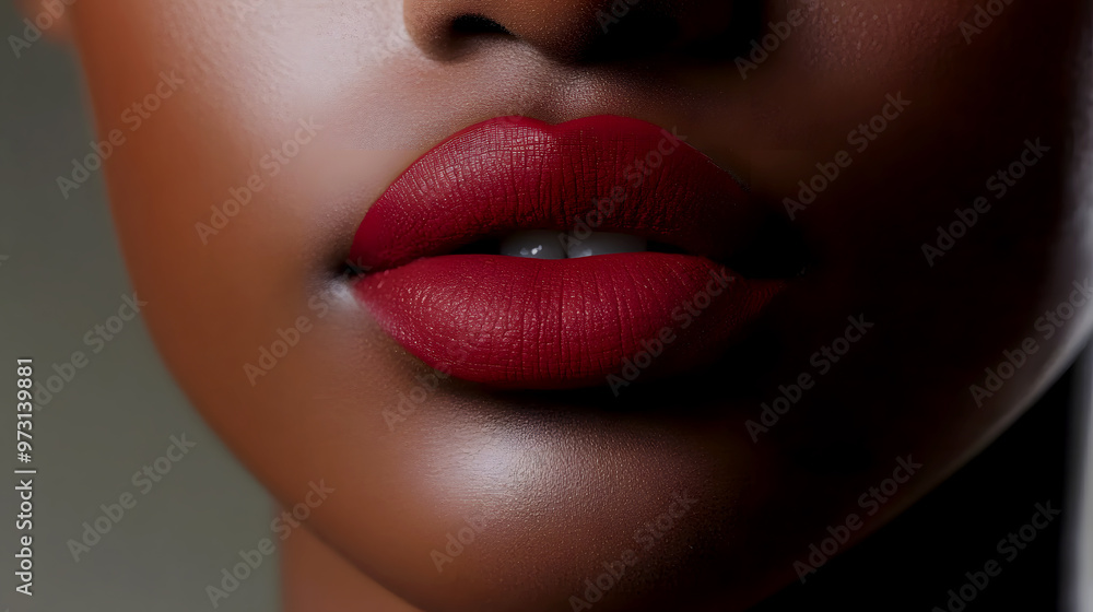 close-up of a long-wearing lipstick on a model’s lips, with emphasis on the product’s staying power close-up of a long-wearing lipstick on a model’s lips, with emphasis on the product’s staying power