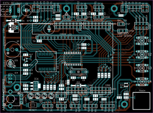 Vector printed circuit board of electronic 
device with components of radio elements, 
conductors and contact pads placed on it. 
Engineering technical drawing. Concept of pcb design.