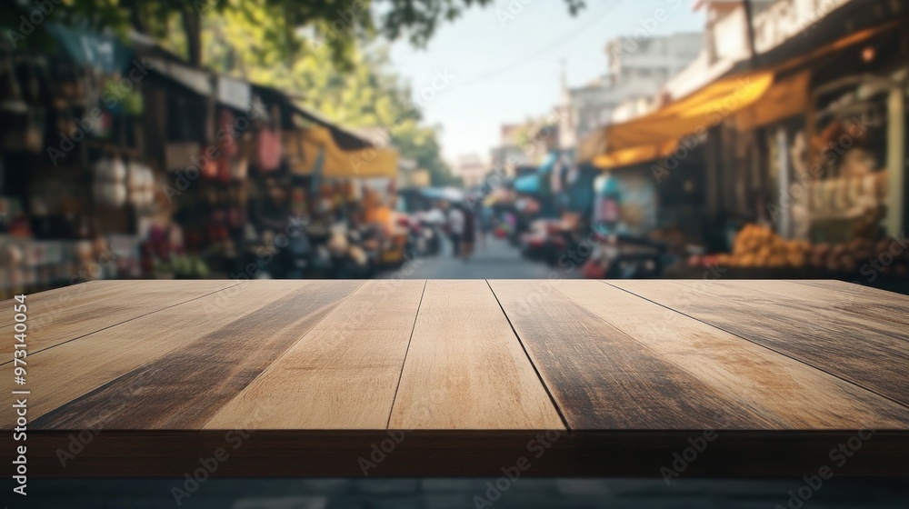 A wooden table in the foreground with a bustling market scene in the background. A wooden table in the foreground with a bustling market scene in the background.