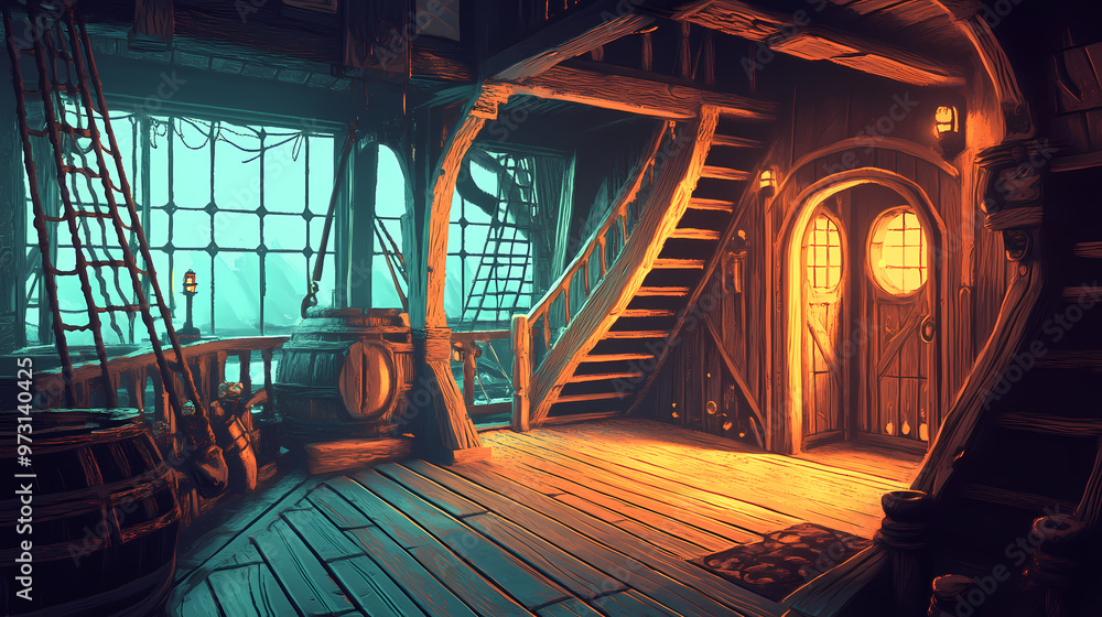 Fototapeta premium Deck of a pirate ship with a door to the captain's quarters and stairs leading to the galley,. generative ai. Pirate Ship. Illustration