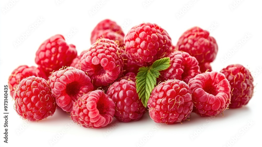 A pile of fresh raspberries with a green mint leaf, showcasing vibrant colors and textures. A pile of fresh raspberries with a green mint leaf, showcasing vibrant colors and textures.