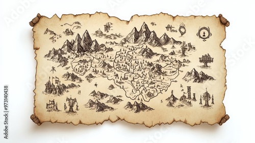 Vintage fantasy treasure map with detailed illustrations of mountains, forests, and castles on weathered parchment background. photo