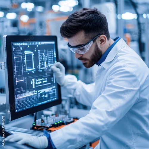 Engineer analyzing EV car battery performance on a digital interface, high-tech lab environment