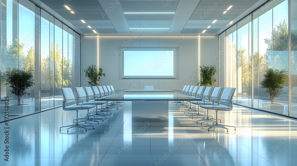 Modern conference room with a long glass table, high-backed chairs, and a large screen for presentations. Modern conference room with a long glass table, high-backed chairs, and a large screen for presentations.