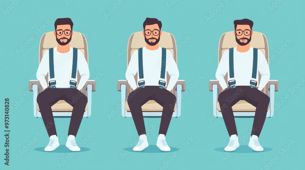 illustration of a smiling man sitting in an airplane seat with a seatbelt, showcasing flight safety and travel comfort illustration of a smiling man sitting in an airplane seat with a seatbelt, showcasing flight safety and travel comfort