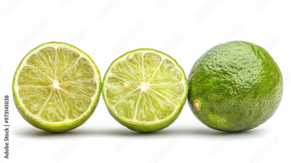 Three limes, one whole and two halved, showcasing their vibrant green color and juicy interior. Three limes, one whole and two halved, showcasing their vibrant green color and juicy interior.