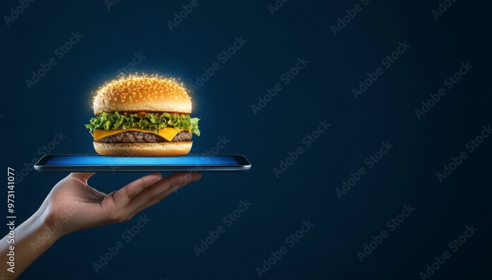 burger emerging from a digital tablet, Food Delivery Services, Online ...