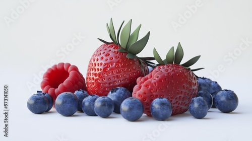 Fresh strawberries, blueberries, and raspberries on a white background, showcasing vibrant colors and natural textures of assorted berries.