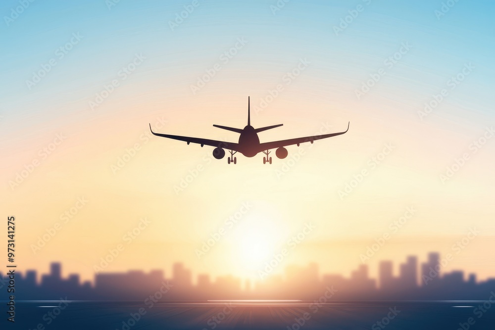 Silhouette of an airplane flying over a city skyline at sunset, capturing the essence of travel and adventure. Silhouette of an airplane flying over a city skyline at sunset, capturing the essence of travel and adventure.