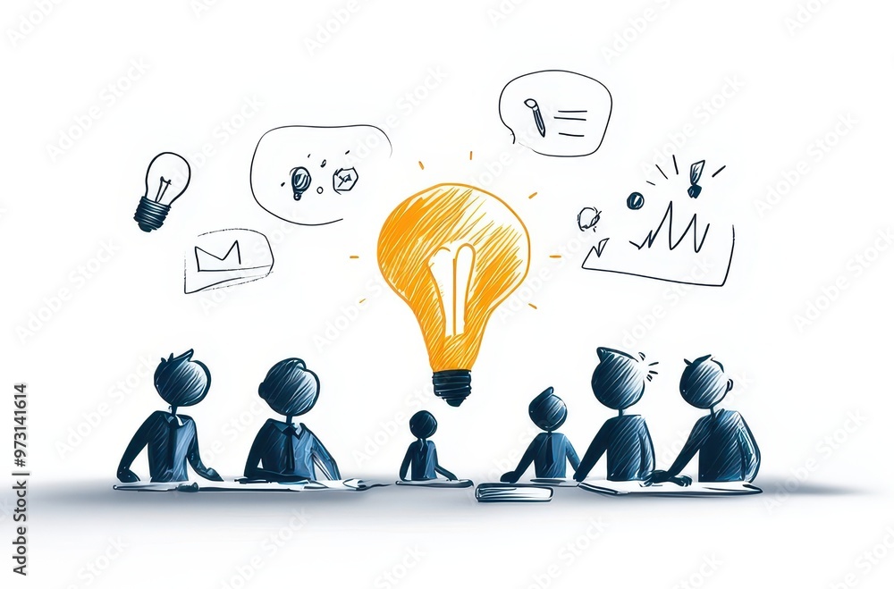 Team brainstorming session with lightbulb idea illustration, showing collaboration and creativity in business or education setting. Team brainstorming session with lightbulb idea illustration, showing collaboration and creativity in business or education setting.