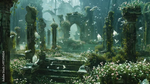 Ruins of a forgotten city with birds flying in the air