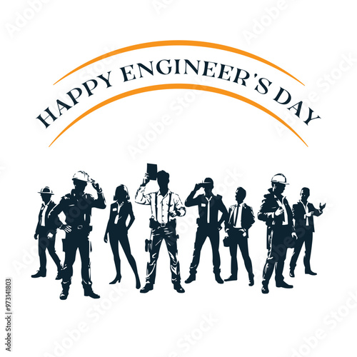 Silhouette of people with arms raised. Group of Engineers and Workers vector illustration. Happy Engineer's Day, International Workers' Day logo