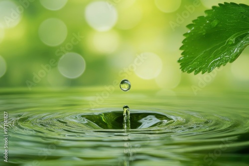 CloseUp of Water Droplet Falling on Leaf with Serene Green Background with generative ai