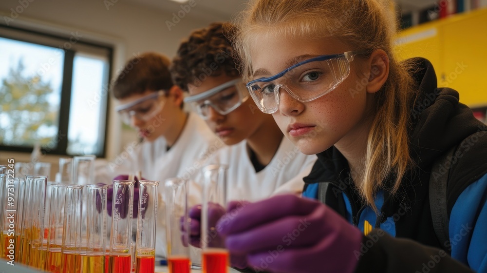 Students conduct experiments in a science lab with colorful liquids in test tubes. Students conduct experiments in a science lab with colorful liquids in test tubes.
