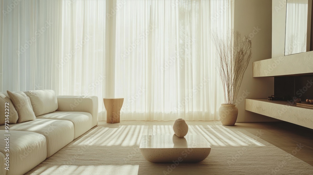 A serene living room with natural light, minimalist furniture, and soft textures. A serene living room with natural light, minimalist furniture, and soft textures.
