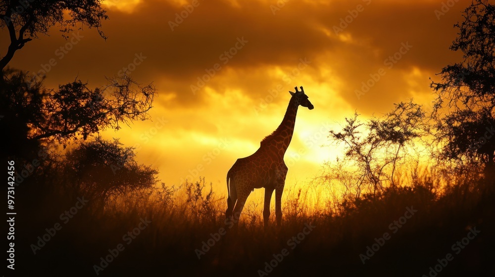 Naklejka premium Elegant Giraffe Silhouette Against a Vibrant Sunset