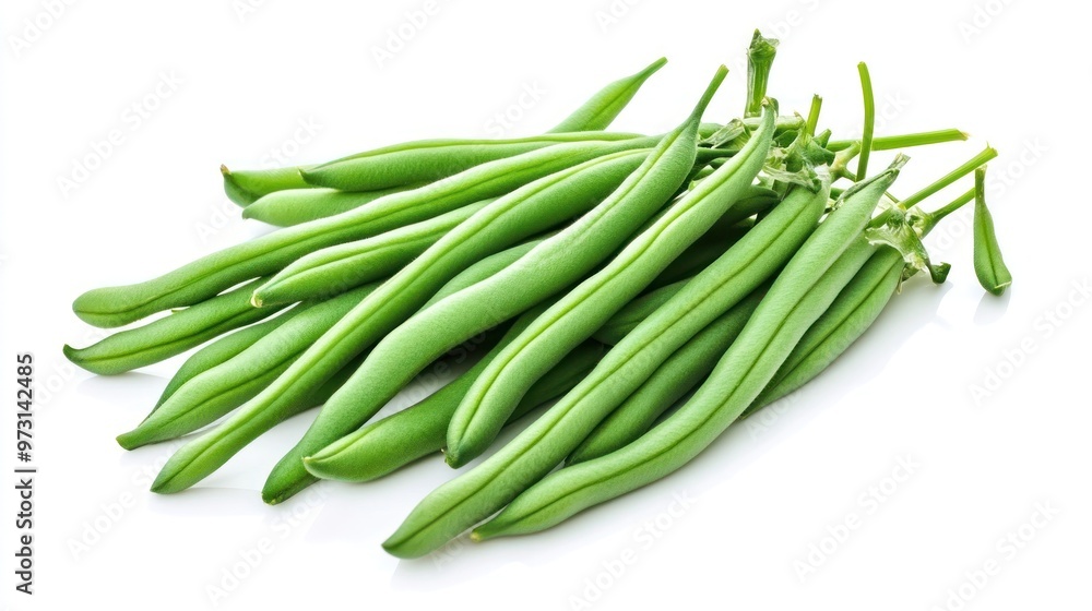 A pile of fresh green beans on a white background, ready for cooking or serving. A pile of fresh green beans on a white background, ready for cooking or serving.
