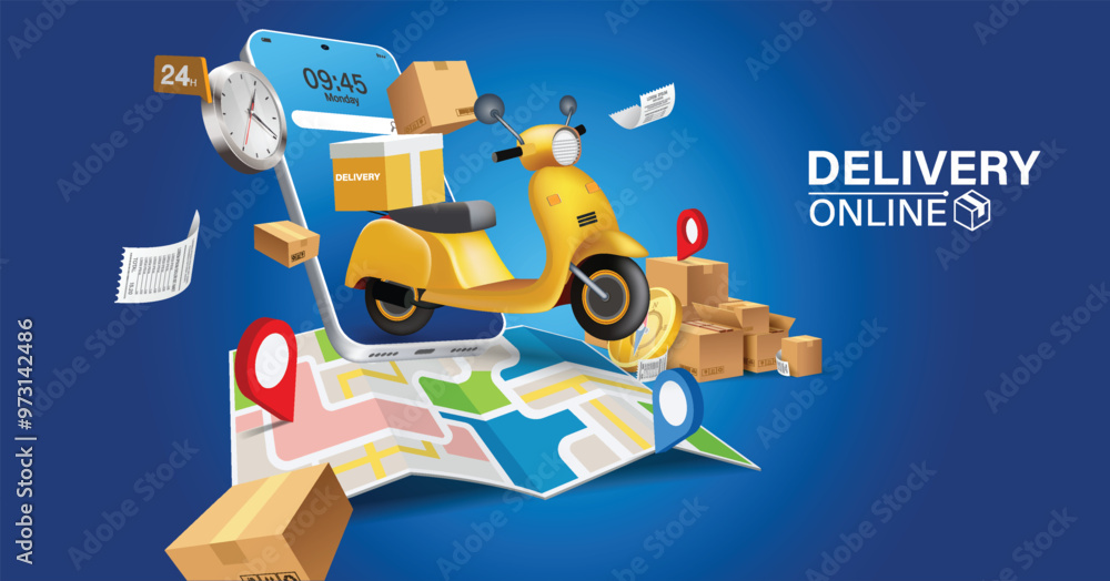 Fast delivery by scooter on mobile. E-commerce concept. Online food order infographic. Webpage, app design. Perspective vector Fast delivery by scooter on mobile. E-commerce concept. Online food order infographic. Webpage, app design. Perspective vector