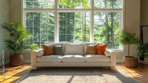 Fresh and airy living room setup with a comfortable sofa, modern decor accents, and large windows allowing plenty of light.