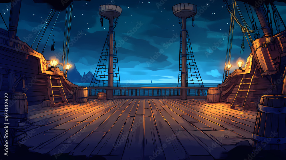 Naklejka premium Empty pirate ship deck background for theater stage scene. Pirate Ship. Illustration