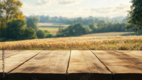 A wooden surface in the foreground with a blurred landscape of fields and trees in the background.