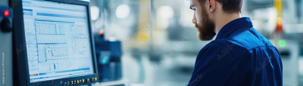 Engineer performing calibration checks on a manufacturing machine to ensure quality output, calibration control, machinery quality assurance Engineer performing calibration checks on a manufacturing machine to ensure quality output, calibration control, machinery quality assurance