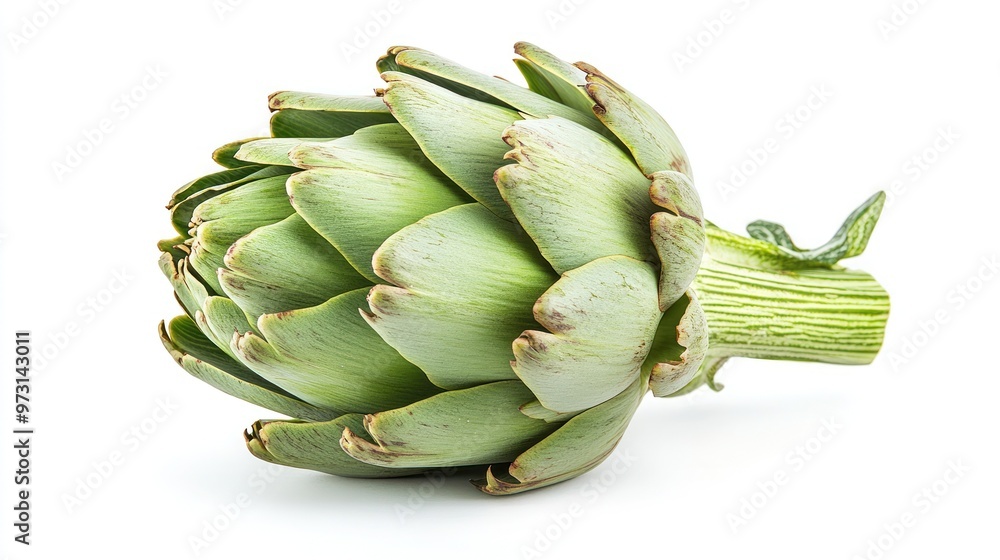 A fresh artichoke displayed on a white background. A fresh artichoke displayed on a white background.