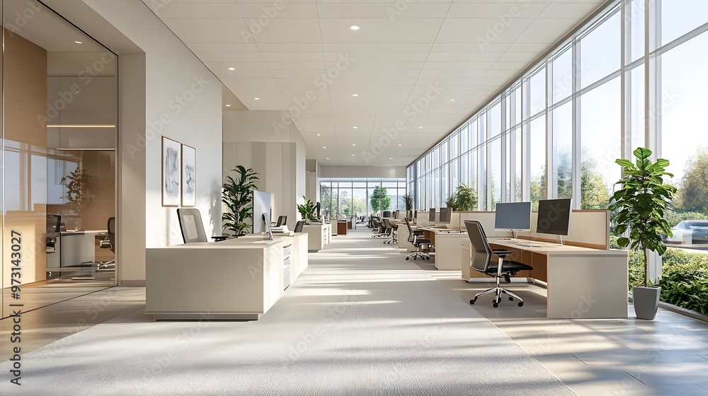 Fototapeta premium Open office hall with natural light flooding the space, highlighting the clean lines of modern desks and furnishings.