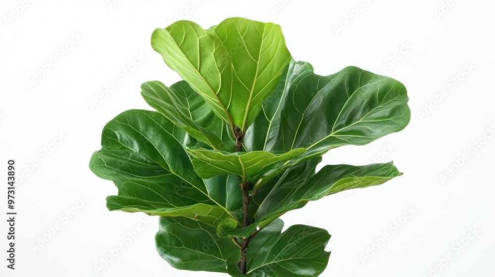 A close-up of a green fiddle leaf fig plant with large, glossy leaves. A close-up of a green fiddle leaf fig plant with large, glossy leaves.