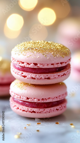 Raspberry macarons dusted with edible gold 